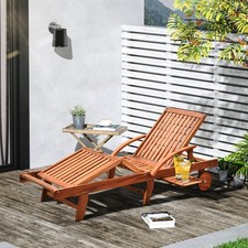 Garden Wood Sun Lounger Chaise Recliner Bed Adjustable Back Footrest w/ Wheels