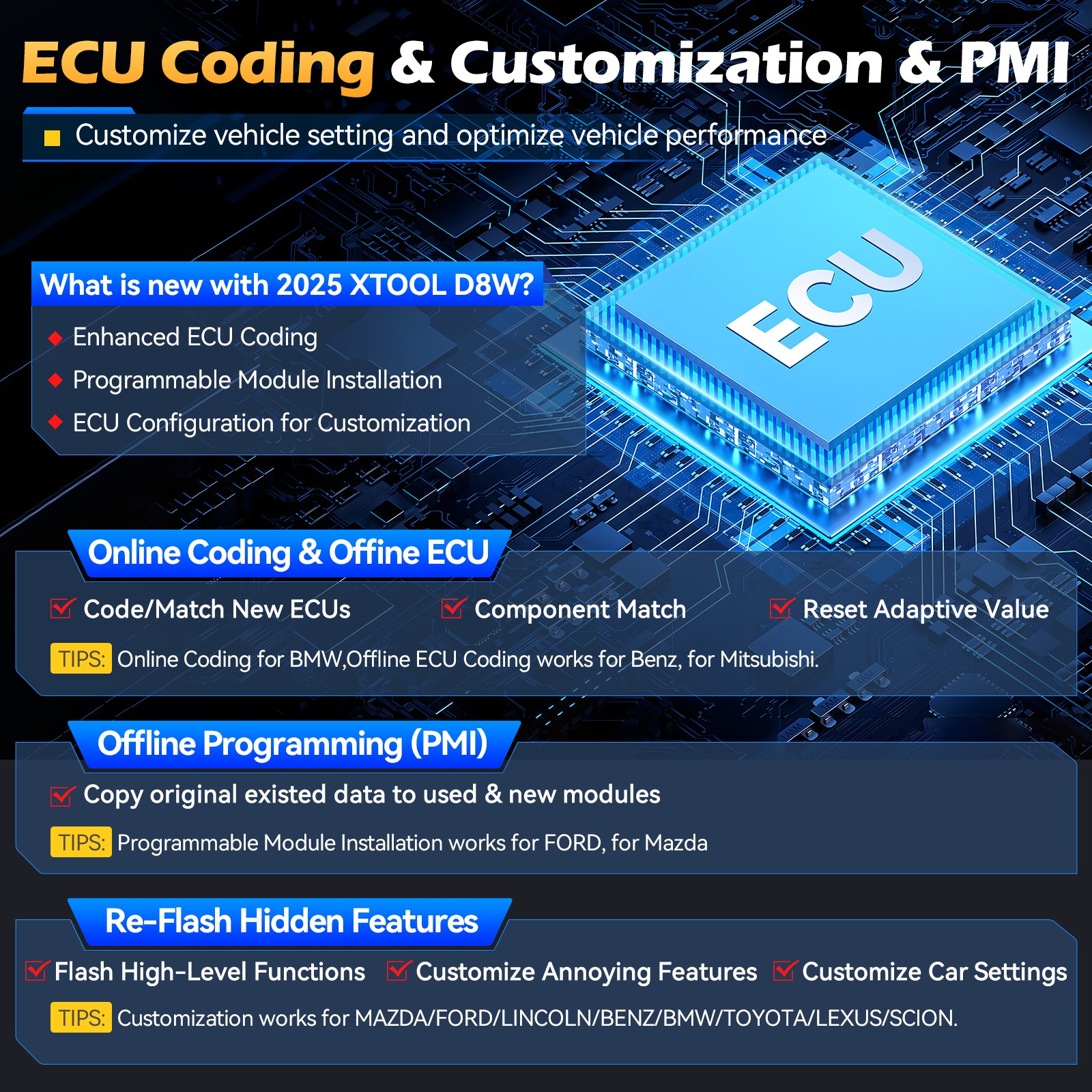 XTOOL D8W V2.0 OBD2 Scanner Full System Diagnostic Tool Key Programming Toplogy