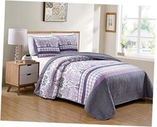 Bedspread Set Damask Printed Pattern Lavender Purple White Grey New Full/Queen