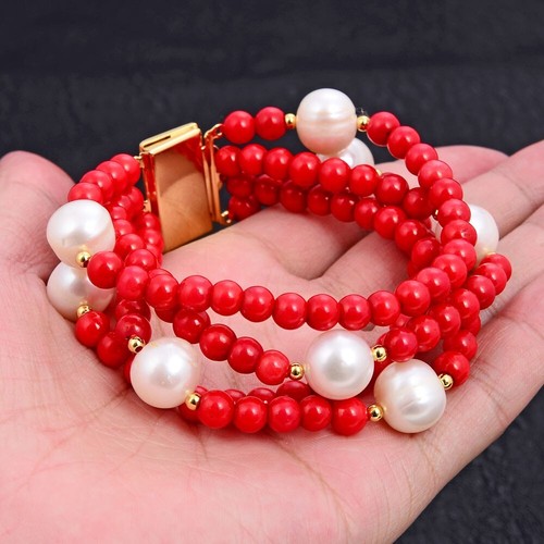 8'' 4 Rows 10mm White Round Pearl 6mm Round Red Coral Bracelet For Women Fashion - Picture 2 of 6