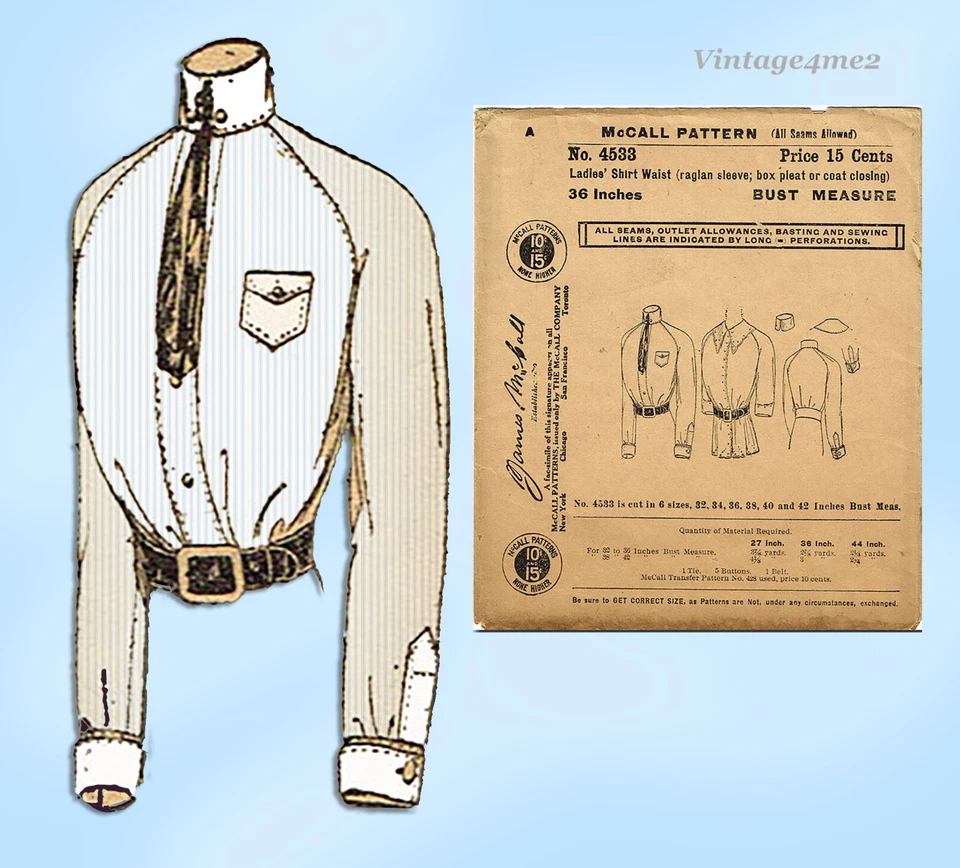 1910s Vintage Misses Victorian Shirtwaist Uncut McCall Sewing Pattern 4533 36B - Image 2 of 4