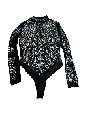 Black Bodysuit Long Sleeve With Rhinestones Size Large Rhinestones Women's