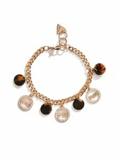 NEW GUESS GOLD TONE CHAIN LINK,LOGO,TORTOISE,CRYSTALS,ROUND CHARM BRACELET