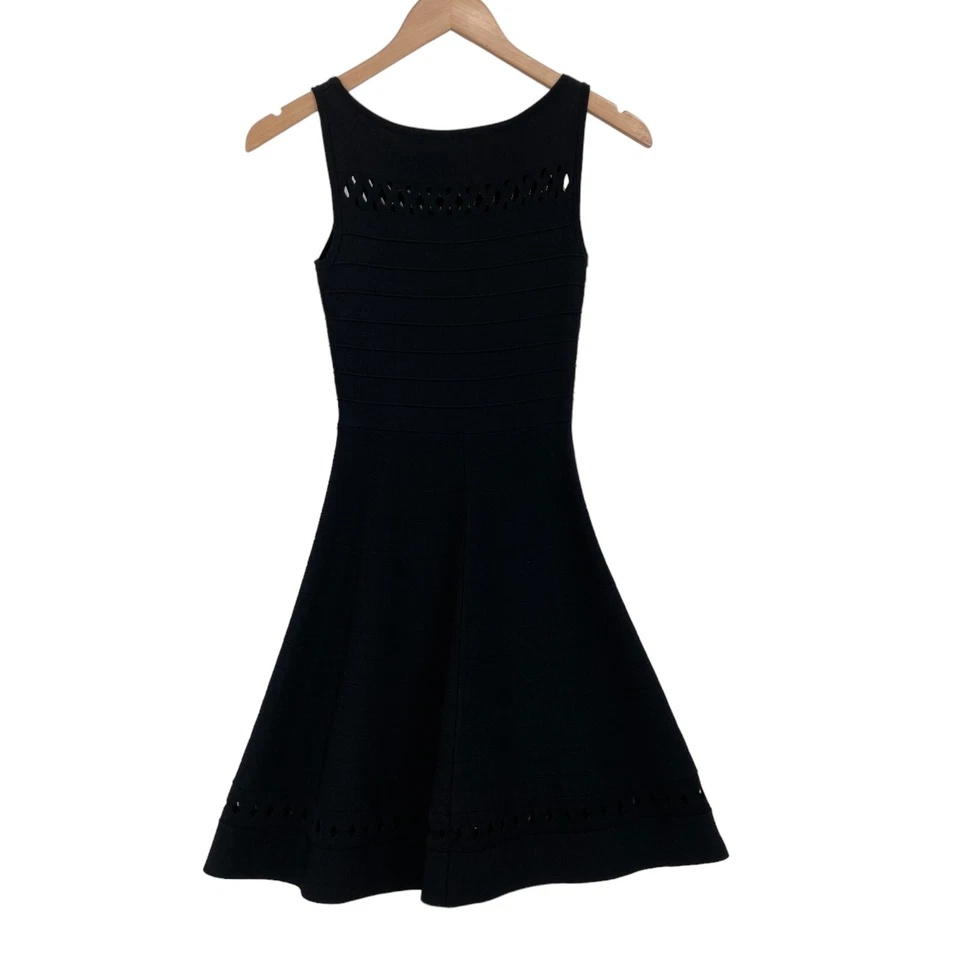 French Connection Fit & Flare Sweater Dress 0 Black Knit Sleeveless Hollow Cut - Image 2 of 4
