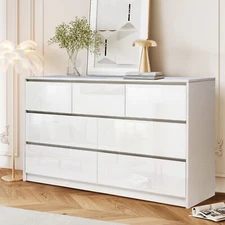 White Dresser for Bedroom with 7 Drawers, Modern High Gloss Large Dresser