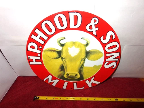 VINTAGE 11 3/4 in H.P. HOOD & SONS MILK ADV. SIGN HEAVY METAL PORCELAIN -S 347 B