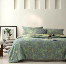 NEW Anthro Blue Green Floral Reversible King Size Bedspread Blanket Sham Set