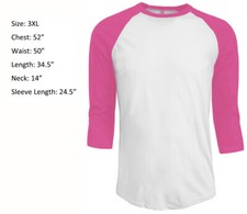 3/4 Sleeve Plain T-Shirt Baseball Raglan Jersey Sports Men's Tee White Pink 3XL