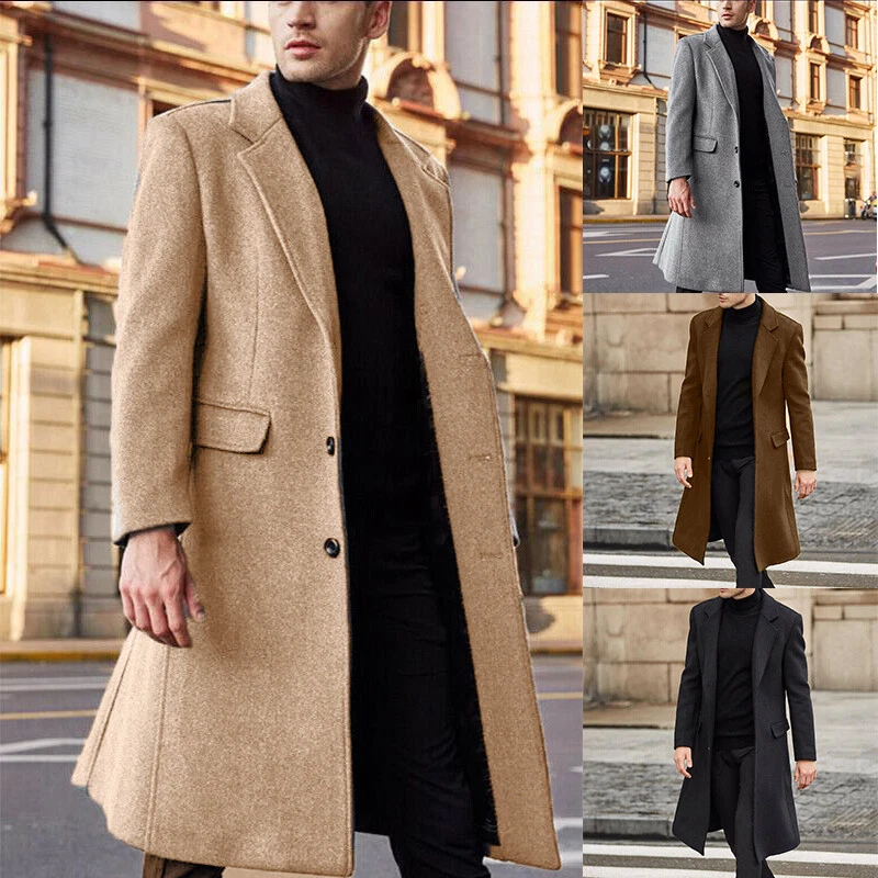 Men Winter Trench Coat Long Jacket Lapel Neck Outwear Single Breasted  Overcoat