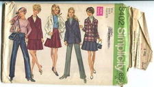 SIMPLICITY 8402 MISSES' LINED JACKET, SKIRT & PANTS SZ 8 BST 31 1/2" UNCUT 1969