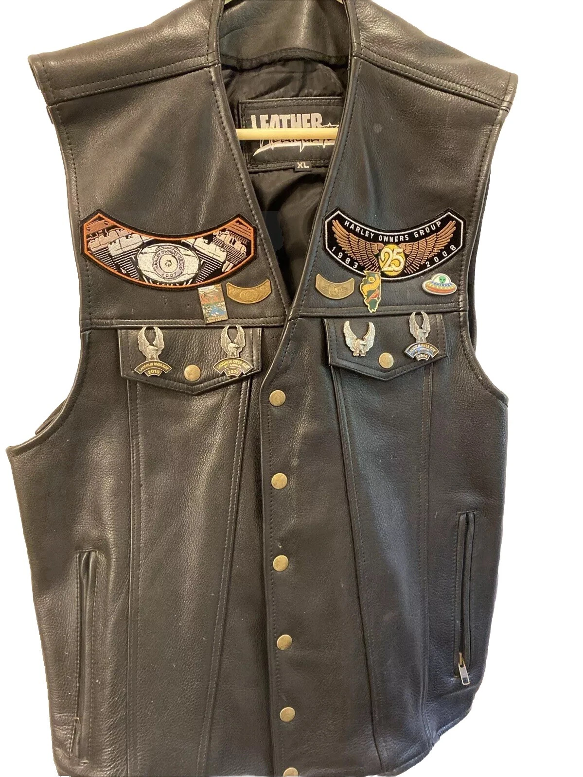 Men XL Side Lace Leather Headquarters Motorcycle Vest w/HD Memorabilia G38
