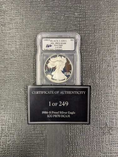 1986 S PR 70 DCAM American Silver Eagle ICG Hutto Signed BLACK LABEL 1 of 249