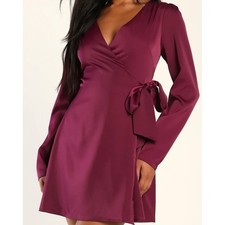 Lulus Festive Forever Plum Purple Satin Long Sleeve Wrap Mini Dress Size Small