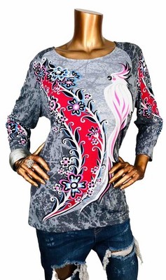 Bob Mackie L Top Stretch Floral Bird Prints Blouse 3/4 Sleeves Easywear Casual