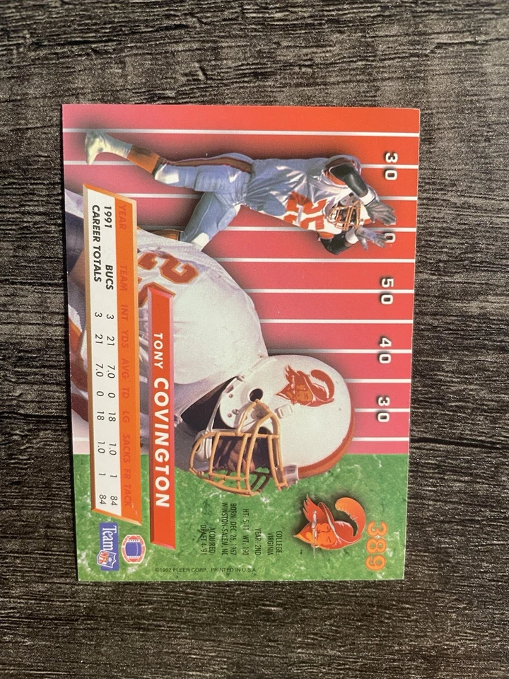 1992 Fleer Ultra Football Tony Covington Signed Card #389 Buccaneers Auto - Image 2 of 2