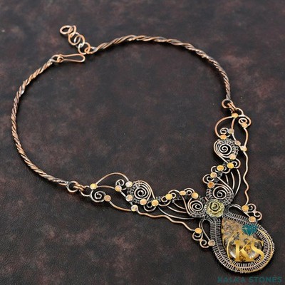 Pear Bronzite Gemstone Wedding Chain Unique Wire Wrapped Flower Necklace Copper