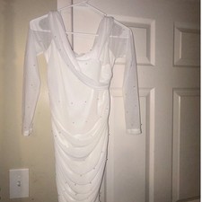 SHEIN White Ruched Pearl Embellish Mesh Long Sleeve Cowl Neck Bodycon Dress S 4