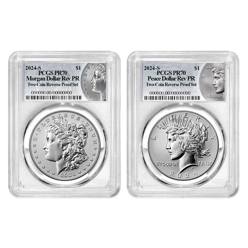 2024-S Reverse Proof $1 Morgan and Peace Silver Dollar 2pc Set PCGS PR70 Morgan