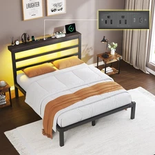 Full/Queen Size Metal Bed Frame with Storage Headboard, Charging Station and LED