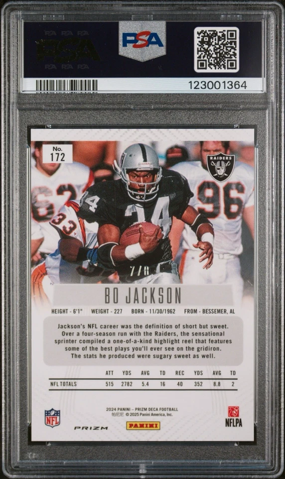2024 Panini Prizm Deca #172 Black Gold Shimmer FOTL Bo Jackson /8 PSA 10 Pop 1 - Image 2 of 3