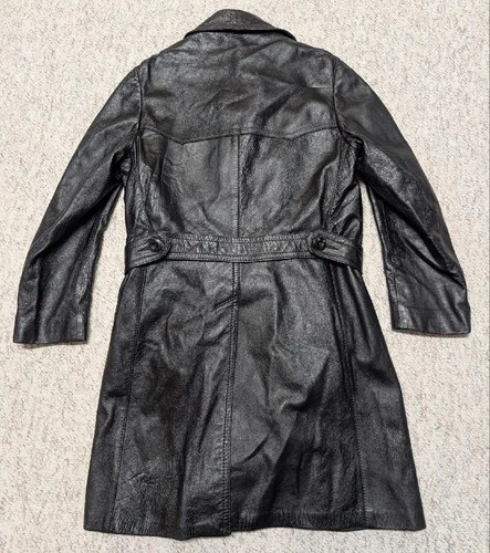 1970s vintage TRENCH COAT leather 38 double breasted BELTED black SHERLOCK image 2