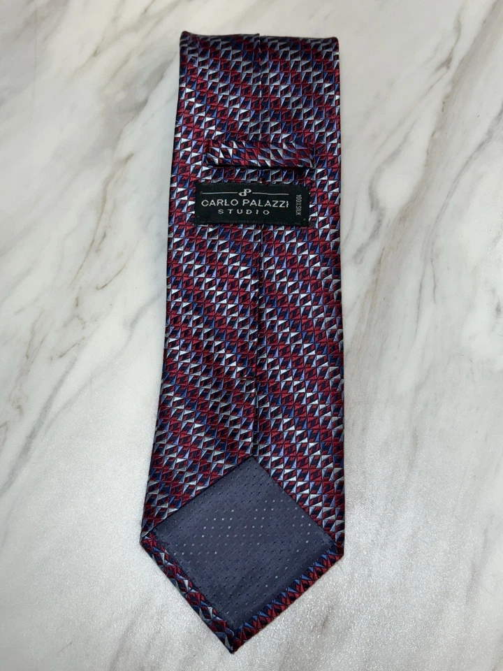 Corbata de hombre CARLO PALAZZI 100 % seda 59 X 3,5" de diseñador geométrica roja azul Foto 4 de 4