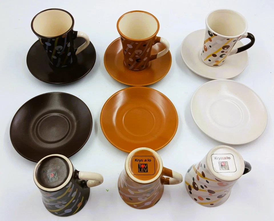 Set of 6 Krystallo TOVLEV Espresso Cups and Saucers ~ 2 White, 2Mocha, 2Brown - Image 4 of 4