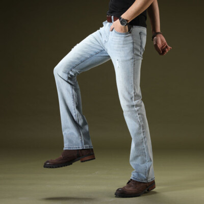 Men Denim Ripped Jeans Pants Flared Bootcut Distressed Bell Bottom