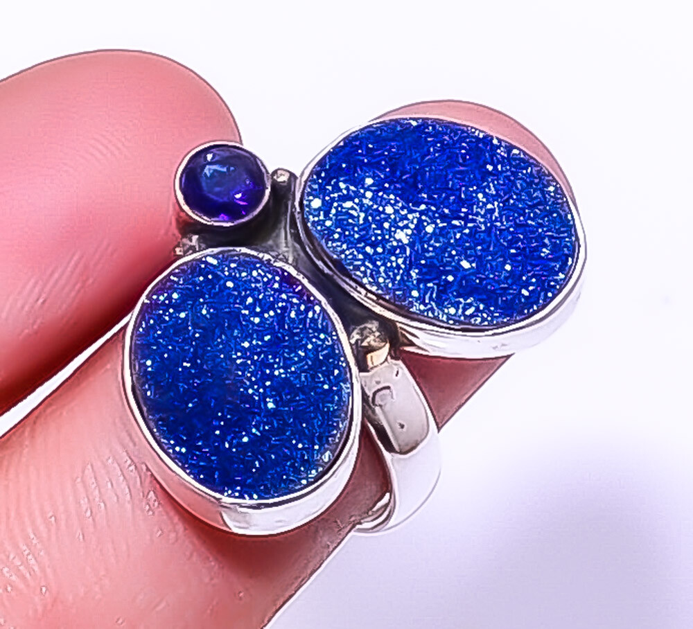 Titanium Blue Agate Drusy Ring with Simulated Sapphire in 925 Silver Adjustable R737-7