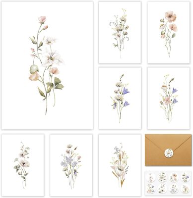 Blank Note Cards, 32 Pack, 8 Assorted Floral Designs, 4'' X 6''