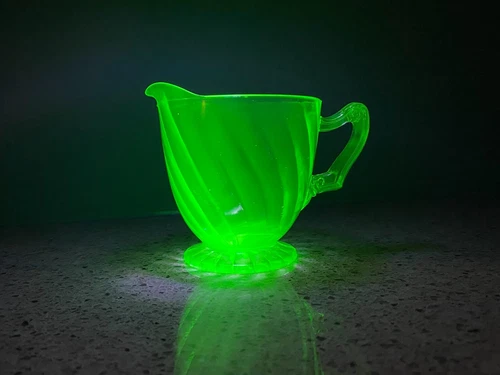 Green Uranium Glass Creamer Swirl Pattern. Depression Glass