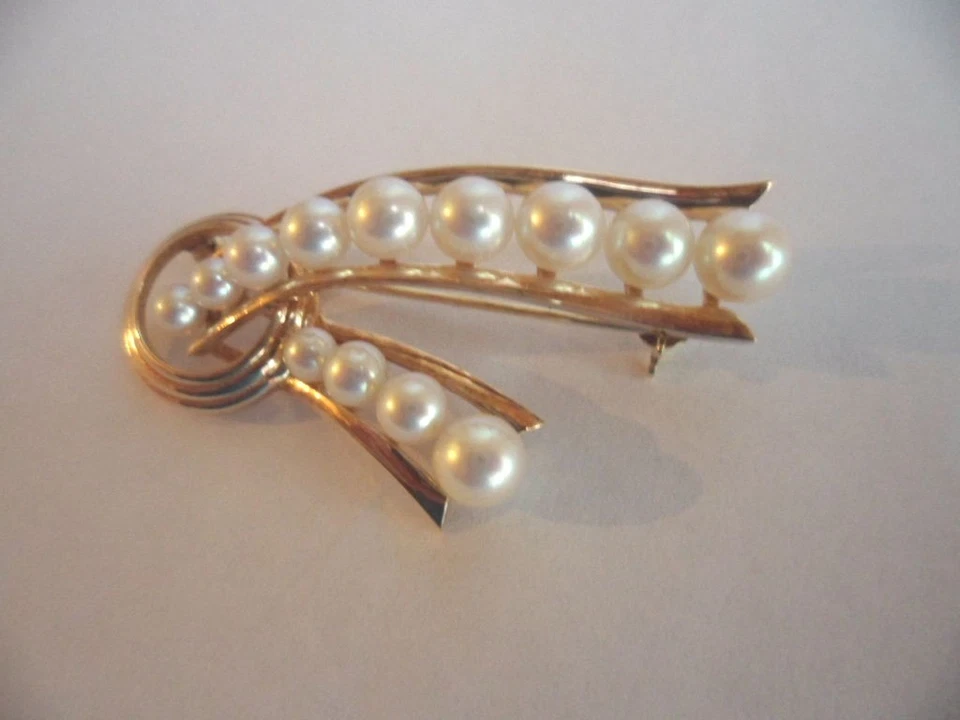 MIKIMOTO JOYERÍA VINTAGE ORO MACIZO PERLA BROCHE PRENDEDOR 13 PERLAS GRADUADAS DE LA SUERTE Foto 4 de 4