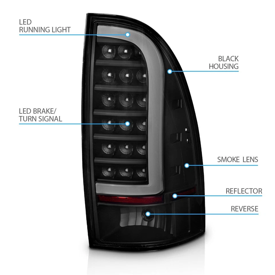 FIT FOR 2005 06 07 08 - 2015 TOYOTA TACOMA BLACK SMOKE C-BAR LED TAIL LIGHTS NEW - Image 3 of 4