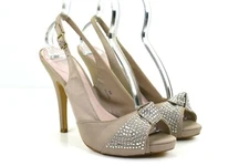 Crown Vintage Womens Tan Rhinestone Knot Peep Toe Heels Shoes Size 8.5 B