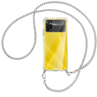 Handykette für Xiaomi Poco X4 Pro 5G (6.67'') silberfarbene Kette Hülle mit Band