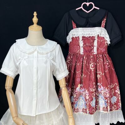 Damen Lolita Shirt Oberteil Mädchen Knopf Schleife Bluse Kurzarm JK Shirt Japanisch