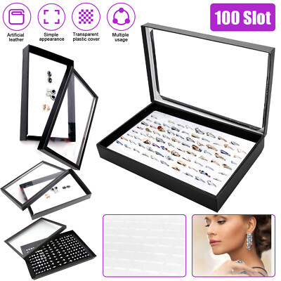 100 Slots Jewelry Ring Display Case, Earring Organizer Storage Tray Holder Box