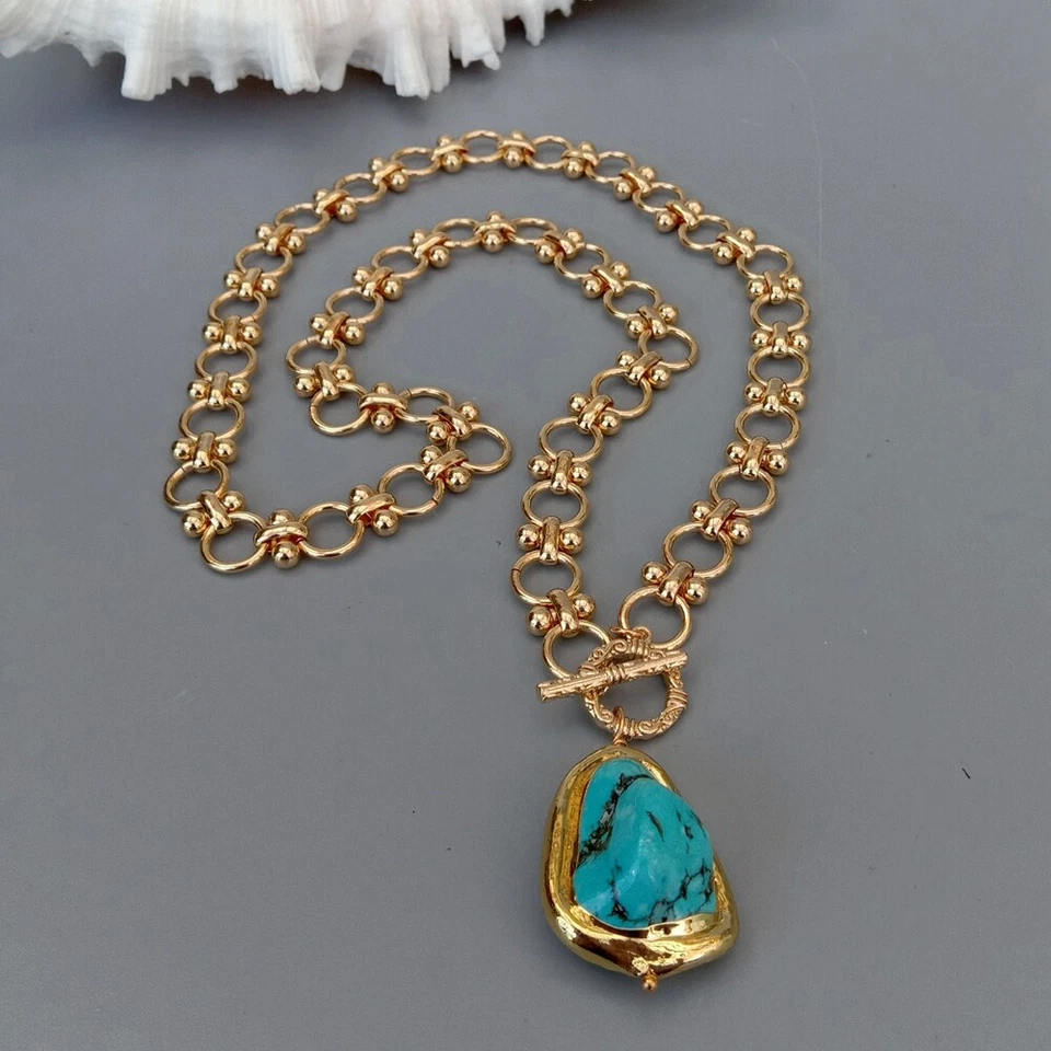 Gold Plated Chain Chokers Necklace Blue Turquoise Pendant Designer Gems Jewelry - image 4 of 4