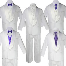 Baby White Satin Shawl Lapel Suits Tuxedo PURPLE Satin Bow Necktie Vest Set