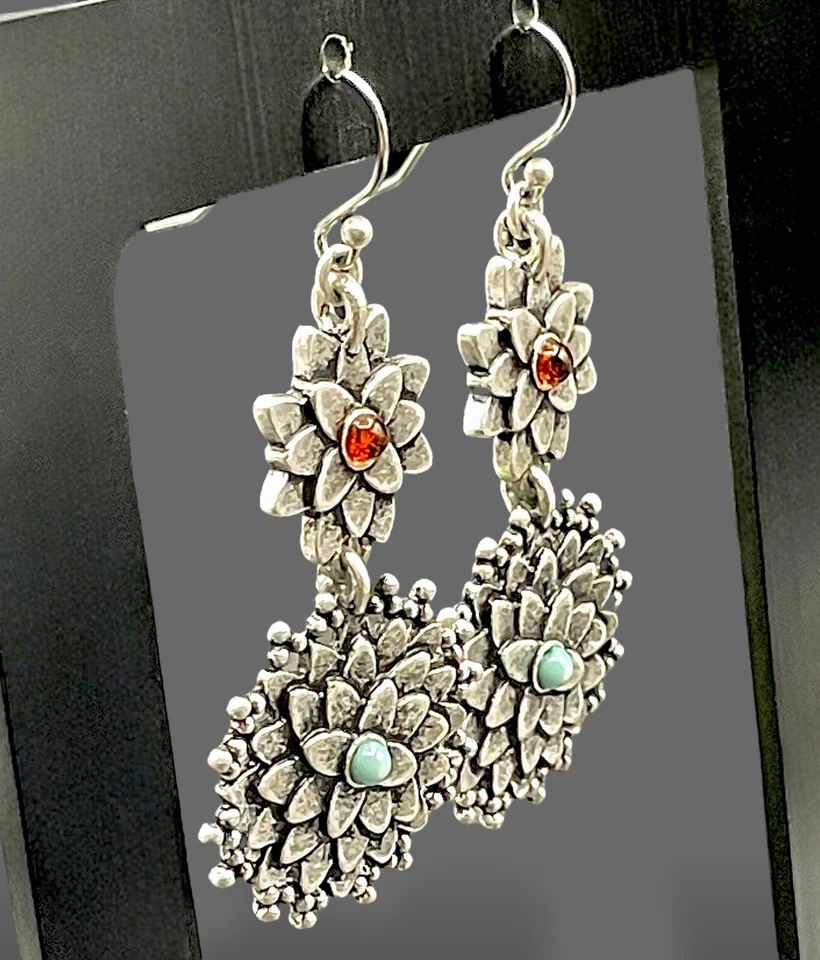 PENDIENTES COLGANTES DOBLE LOTO Boho Tono Plata Imitación Turquesa Ámbar🔥!OFERTA!🔥 Foto 4 de 4