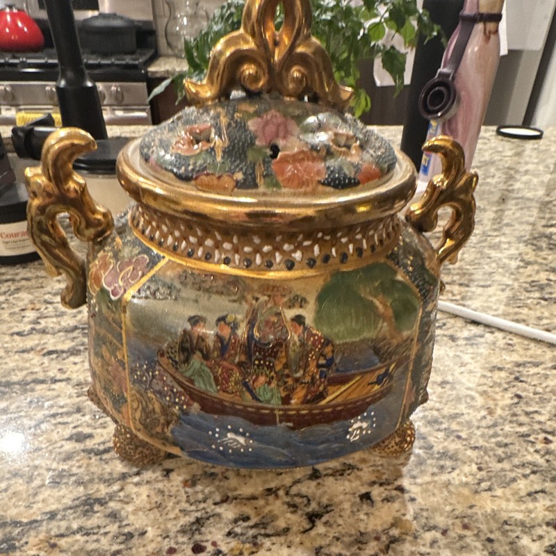 Vintage Japanese Satsuma Style Moriage Koro Incense Burner Boat Scene Gilt 