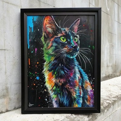 Bunter majestätischer Katzenhimmel Wandkunstdruck Geschenk Hauswand Katze Kunstwerk Bild Kunst