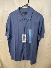 DKNY Men's Light Blue Button Front Short Sleeve Knit Sweater Size L NWT