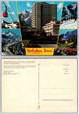 Vintage Holiday Inn Innsbruck Austria Postcard Skiing Alps Cable Car 1960s