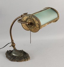 Antique c1910 Brass Adjustable Electric Desk Lamp 20Color Curved Glass Shade, NR
