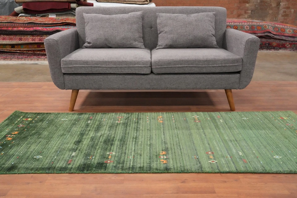 Handmade Green Gabbeh Runner Rug 3x7 Ft Tribal Oriental Silk Carpet for Hallway - Image 3 of 4