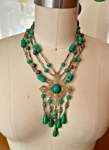 Vintage Czech Peking Glass gold tone Neiger Bros ? filigree Necklace Czech