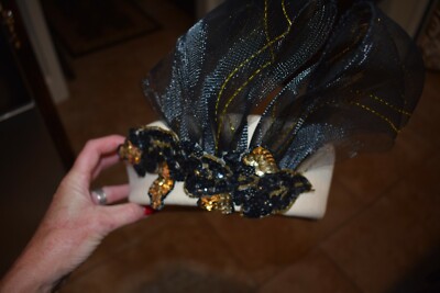 Vintage ivory/black Wool Bollman doeskin Hat~Bow-Sequins  display picture 2