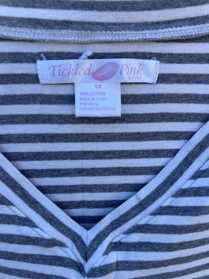 Щекотка розовый женская футболка белый серый в полоску короткий рукав плюс 1 X 100% хлопок - Изображение 2 из 3