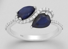 Solid Sterling Silver Natural Blue Sapphire  CZ Bypass Ring 8mm Wide 2.46g Sz 9